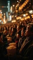 Crowd enjoying an outdoor movie screening at night with string lights and popcorn in the atmosphere photo