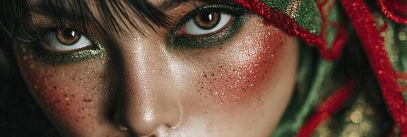 Close-up of a model with striking makeup featuring glitter and vivid colors during a fashion event in an urban setting at twilight photo