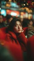 Thoughtful young woman wearing red coat sitting in a crowded theater during a vibrant evening event photo