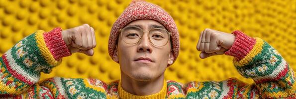 Person showcasing strength in colorful sweater and beanie against a vibrant yellow background photo