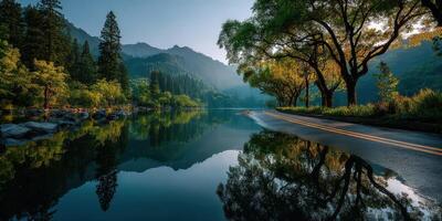 Tranquil lakeside road reflecting trees and mountains at dawn in a serene natural landscape photo