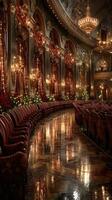 Elegant theater interior showcasing ornate decor and warm lighting during festive preparations for a special event photo