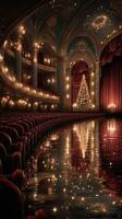 Elegant theater decorated for the holidays with a Christmas tree and shimmering reflections on the floor photo