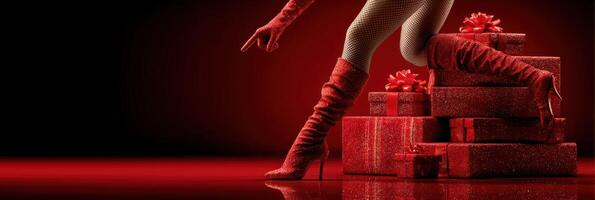 Holiday themed performance with gifts and red attire during festive season events photo
