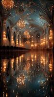 Elegant ballroom with chandeliers reflecting on polished floor in a luxurious setting at night photo