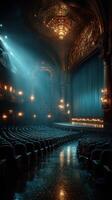 Elegant theater interior with grand chandelier and empty seating illuminated by soft blue light photo