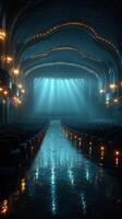 Dark and atmospheric theater interior with stage lights during a performance preparation photo