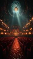 Elegant theater interior with luxurious red seating and ornate design illuminated by soft light photo