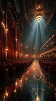 Elegant theater interior with dramatic lighting highlighting ornate decor and empty seats before a performance photo