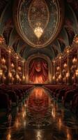 Elegant theater interior showcasing ornate design and glowing chandeliers with a vibrant curtain in a classic performance venue photo