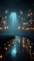 Melancholy ambiance in an empty theater with illuminated aisles and dramatic stage lights photo