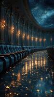 Elegant interior with shimmering stars and soft light reflecting off the floor in a grand space at night photo