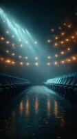 Auditorium illuminated by soft lights reveals empty seats with reflections creating a tranquil atmosphere photo