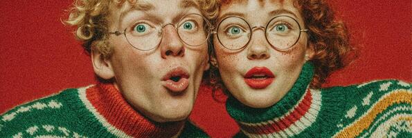 Couple with curly hair in festive sweaters express excitement against a red background photo