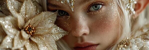 Enchanting close-up of a young model adorned in shimmering golden decorations and floral elements during a creative photoshoot photo