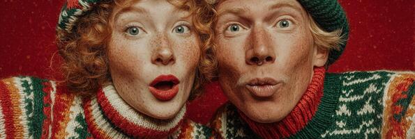 Couple dressed in festive sweaters celebrating the holiday season with playful expressions in a cozy setting photo
