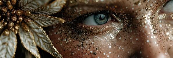 Close-up of a person with glitter makeup and decorative elements during a festive event at nighttime photo