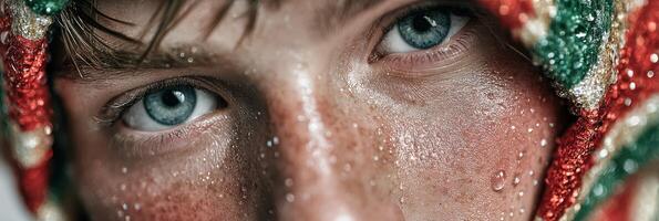 Portrait of a young person with striking blue eyes and detailed expressions, captured during a close-up session in a natural light setting photo
