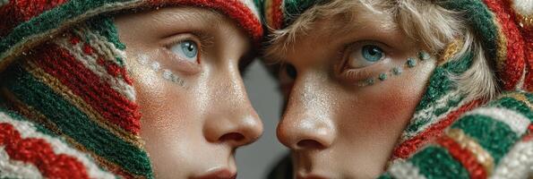 Close-up of two expressive faces adorned in colorful winter scarves during a festive celebration in a cozy indoor setting photo