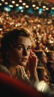 Woman gazes in awe during concert with a sea of lights surrounding enthusiastic crowd in an evening event photo