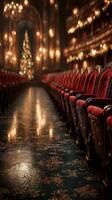 Elegant theater interior showcasing empty red velvet seats with warm lighting and a festive Christmas tree in the distance photo