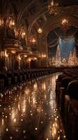 Elegant theater interior adorned for a festive celebration with shimmering lights and holiday trees photo