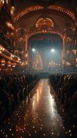 Elegant theater filled with an audience, featuring a festive Christmas tree under warm lights during a seasonal performance photo