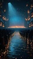 Elegant theater interior with shimmering water and glowing lights during a dramatic performance photo