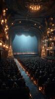 Elegant theater interior filled with a captivated audience awaiting a performance surrounded by sparkling decorations photo