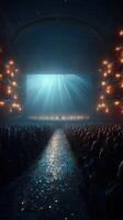 Stunning stage illuminated by dramatic lighting at a performance in a historic theater with an engaged audience photo