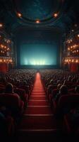 audiencia espera el actuación en un florido teatro con rojo asientos y dorado acentos durante un dramático noche evento foto