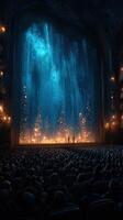 Theater audience captivated by a magical light display during a performance under a starry sky photo