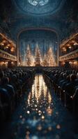 Festive concert hall adorned with glowing Christmas trees and a captivated audience during a holiday performance photo