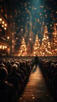 Audience enjoys a festive performance with glowing trees in a decorated theater during the holiday season photo