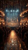 Audience gathers in ornate theater for festive performance during winter evening photo