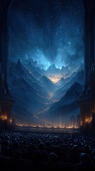 Spectators admire a breathtaking mountain landscape illuminated by twilight in an atmospheric theater setting photo