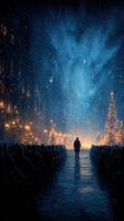 Nighttime winter event with audience, glowing decorations, and snow in a city square during the holiday season photo