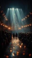Christmas concert under bright lights with a majestic tree and a captivated audience in a grand venue photo