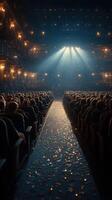 Rows of spectators await performance in historic theater illuminated by stage lights and surrounded by decorative chandeliers photo