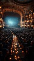 Elegant theater performance with a candlelit aisle and a captivated audience at dusk photo
