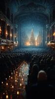 Crowd enjoys a Christmas movie screening in a beautifully decorated theater during the holiday season photo