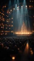 Elegant theater performance with a festive tree and bright lights captivating the audience at night photo