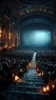 Crowded theater with glowing candles preparing for an enchanting performance on a starry night photo