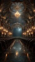 Elegant theater interior with ornate architecture and shimmering chandeliers inviting an audience for a grand performance photo