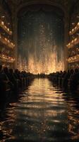 Magical evening in a grand theater with sparkling lights reflecting on water photo