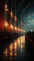 Richly illuminated theater interior with audience awaiting performance during evening event photo