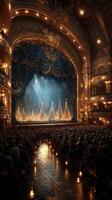 Audience eagerly anticipates a holiday performance at a grand theater adorned with festive decorations and soft lighting photo