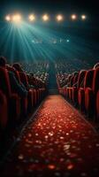 multitud sentado en un teatro con rojo sillas y iluminado ruta durante un En Vivo actuación en el noche foto
