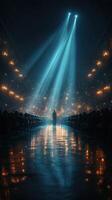 Performance under dramatic lighting in a grand hall creating a captivating atmosphere with an audience present photo