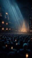 Crowded theater filled with seated audience enjoying a festive performance under soft, glowing lights during the holiday season photo
